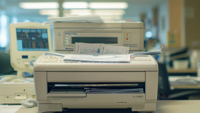 A desk featuring a printer and copier, equipped for secure HIPAA fax in a healthcare environment.