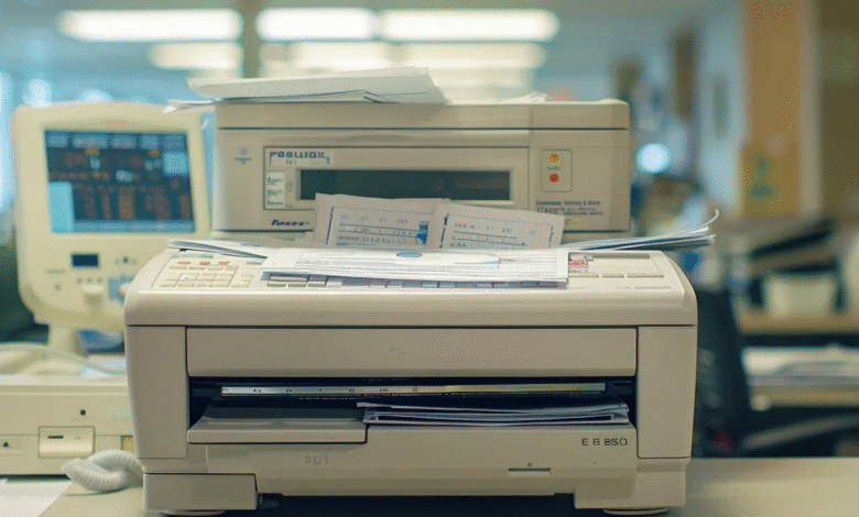A desk featuring a printer and copier, equipped for secure HIPAA fax in a healthcare environment.