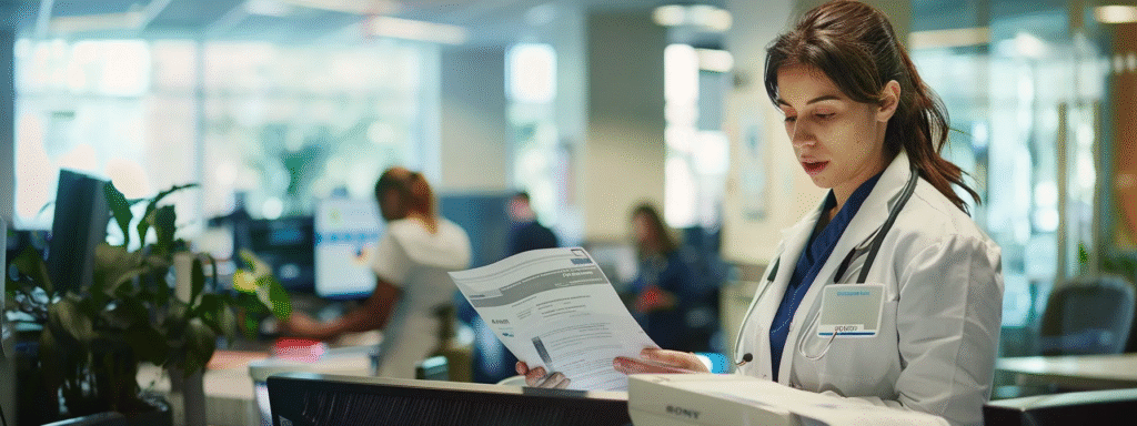 A female doctor is focused on reading a document about best practices for HIPAA-compliant faxing solutions.